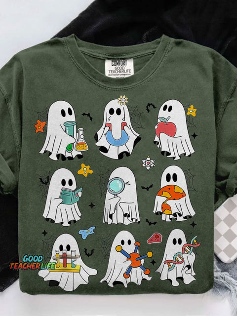 Spooky Ghost Science Teacher Spooky Ghost Flasks Casual Print T-shirt