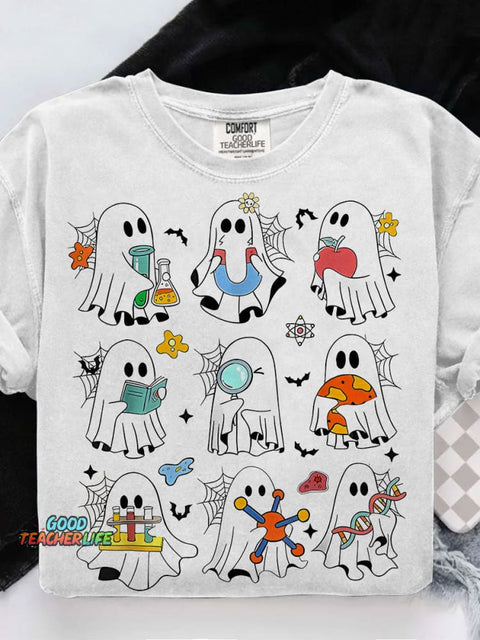 Spooky Ghost Science Teacher Spooky Ghost Flasks Casual Print T-shirt