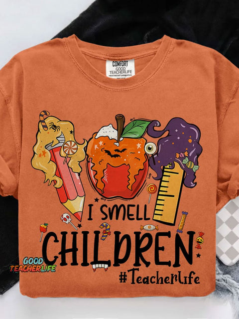 I Smell Children Teacher Halloween Teacher Casual Print T-shirt