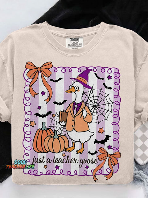 Spooky Goose Teacher Halloween Casual Print T-shirt