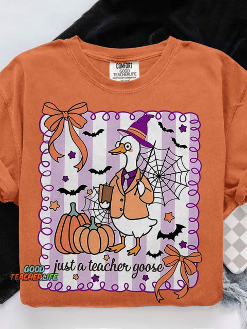 Spooky Goose Teacher Halloween Casual Print T-shirt