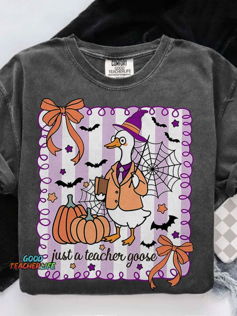 Spooky Goose Teacher Halloween Casual Print T-shirt
