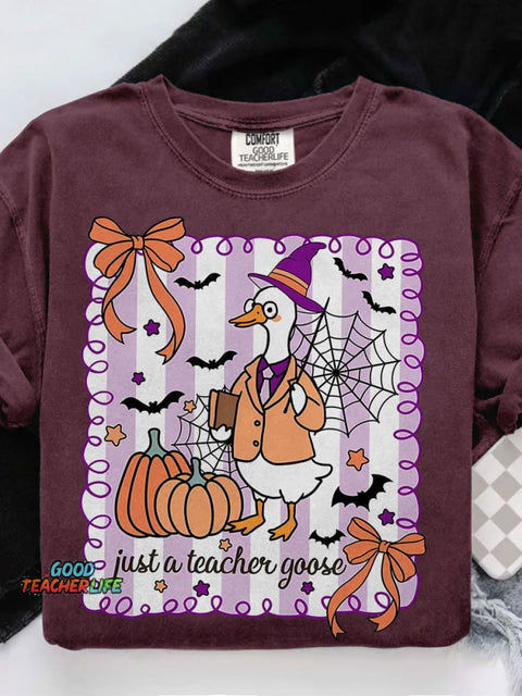 Spooky Goose Teacher Halloween Casual Print T-shirt