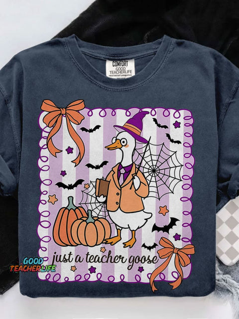 Spooky Goose Teacher Halloween Casual Print T-shirt