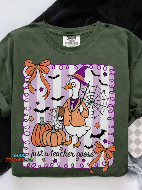 Spooky Goose Teacher Halloween Casual Print T-shirt
