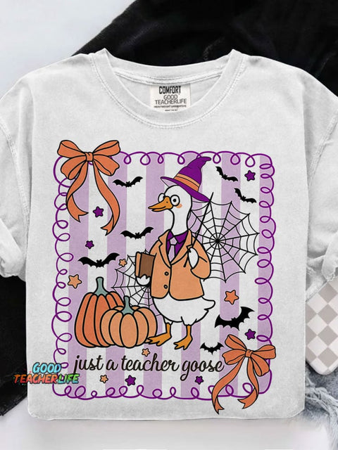 Spooky Goose Teacher Halloween Casual Print T-shirt