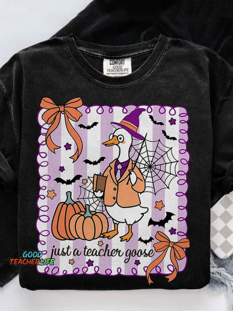 Spooky Goose Teacher Halloween Casual Print T-shirt