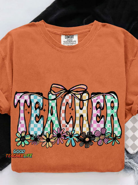 Coquette Teacher Checkered Cute Flowers Casual Print T-shirt