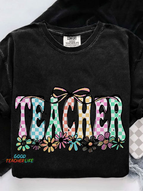 Coquette Teacher Checkered Cute Flowers Casual Print T-shirt