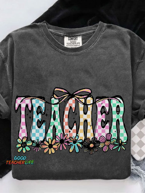 Coquette Teacher Checkered Cute Flowers Casual Print T-shirt