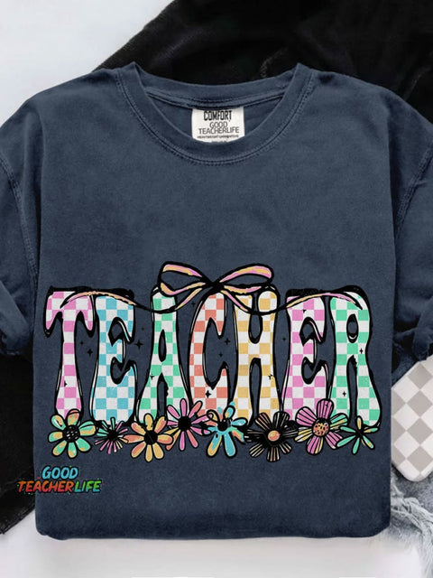 Coquette Teacher Checkered Cute Flowers Casual Print T-shirt