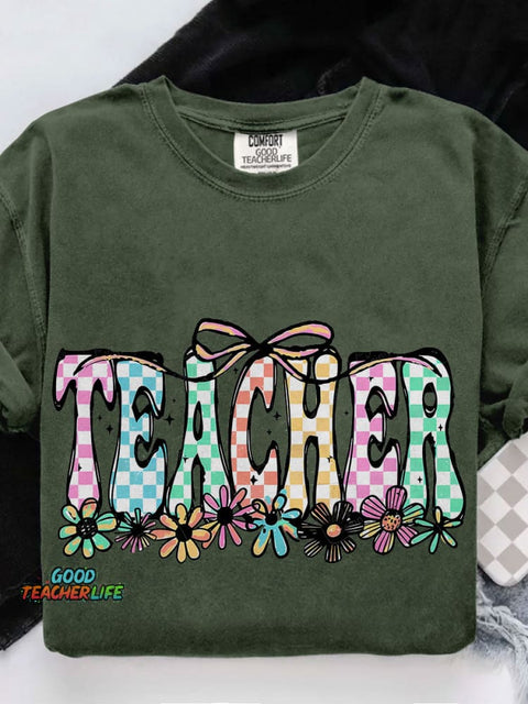 Coquette Teacher Checkered Cute Flowers Casual Print T-shirt