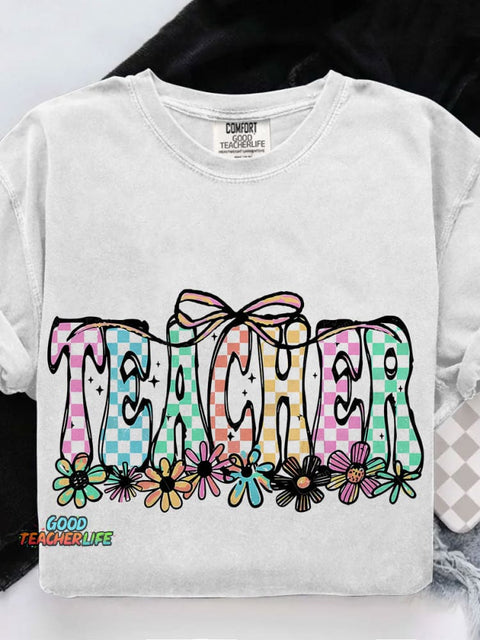 Coquette Teacher Checkered Cute Flowers Casual Print T-shirt
