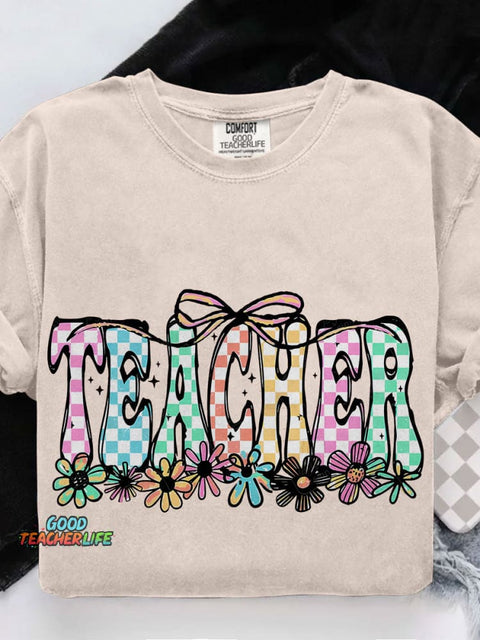 Coquette Teacher Checkered Cute Flowers Casual Print T-shirt