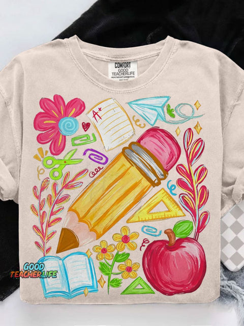 Floral Teacher Pencil Casual Print T-shirt