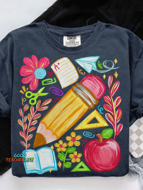 Floral Teacher Pencil Casual Print T-shirt