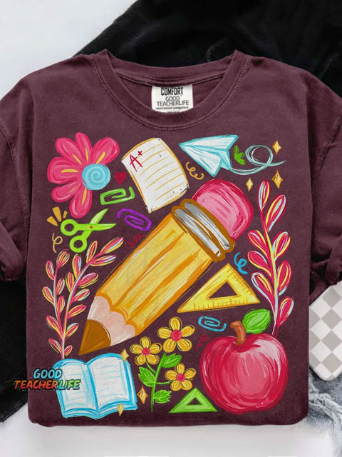 Floral Teacher Pencil Casual Print T-shirt