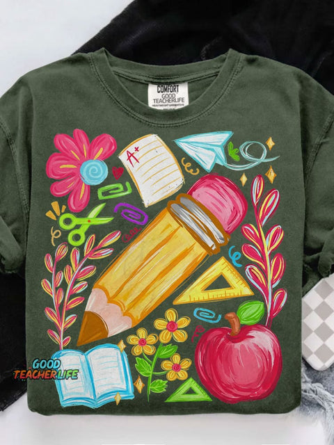 Floral Teacher Pencil Casual Print T-shirt