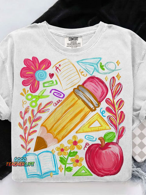 Floral Teacher Pencil Casual Print T-shirt