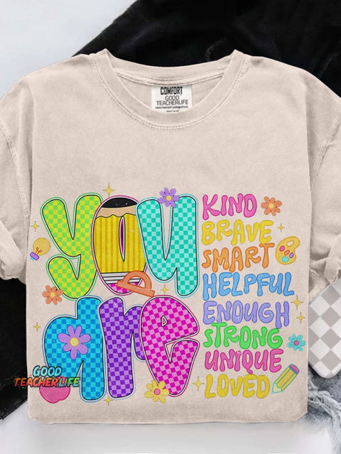Retro Neon Checkered Teacher Colorful You Are Teacher Casual Print T-shirt