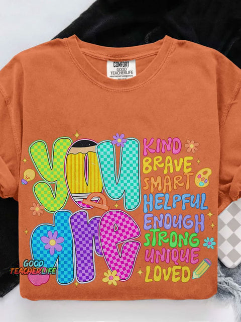 Retro Neon Checkered Teacher Colorful You Are Teacher Casual Print T-shirt