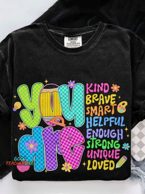 Retro Neon Checkered Teacher Colorful You Are Teacher Casual Print T-shirt