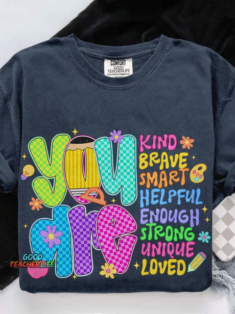 Retro Neon Checkered Teacher Colorful You Are Teacher Casual Print T-shirt