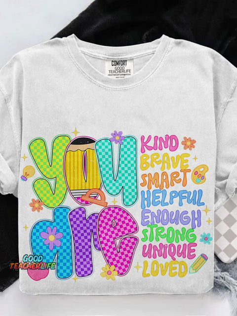 Retro Neon Checkered Teacher Colorful You Are Teacher Casual Print T-shirt