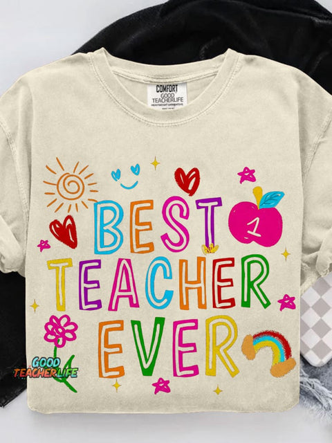 Best Teacher Ever Teach Retro Crayon Teacher Casual Print T-shirt