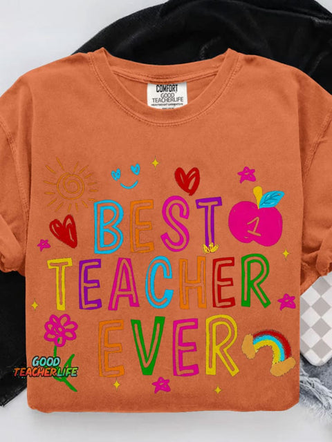 Best Teacher Ever Teach Retro Crayon Teacher Casual Print T-shirt