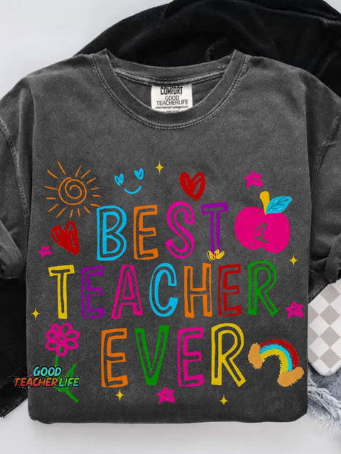 Best Teacher Ever Teach Retro Crayon Teacher Casual Print T-shirt