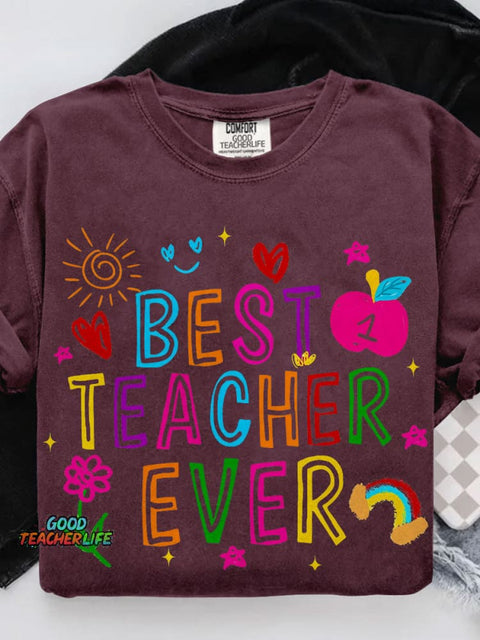 Best Teacher Ever Teach Retro Crayon Teacher Casual Print T-shirt