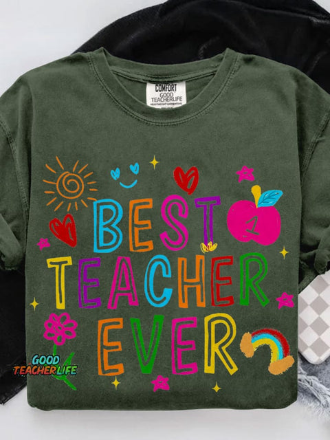 Best Teacher Ever Teach Retro Crayon Teacher Casual Print T-shirt