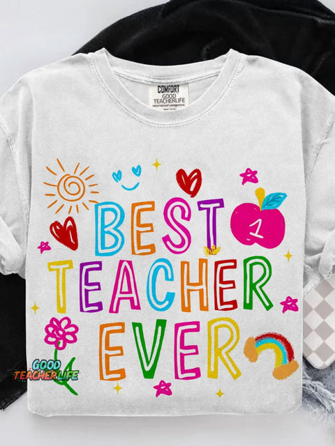 Best Teacher Ever Teach Retro Crayon Teacher Casual Print T-shirt