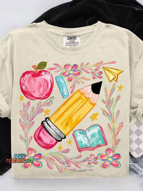Floral Teacher Pencil Casual Print T-shirt