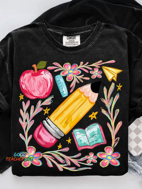 Floral Teacher Pencil Casual Print T-shirt