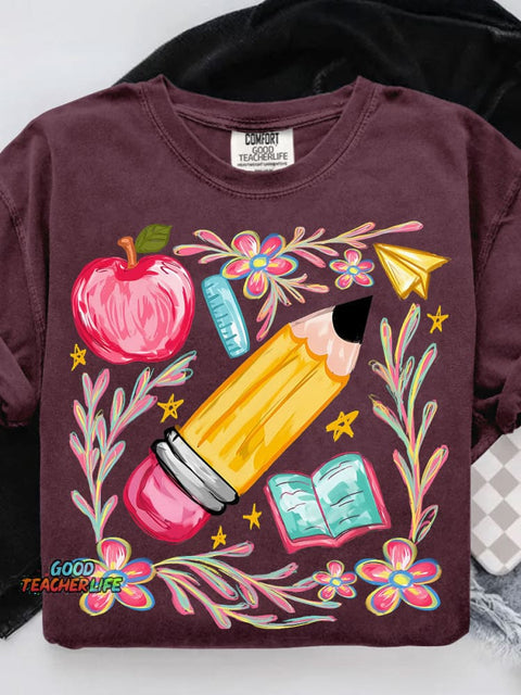 Floral Teacher Pencil Casual Print T-shirt