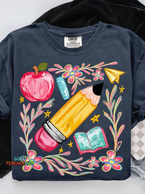 Floral Teacher Pencil Casual Print T-shirt