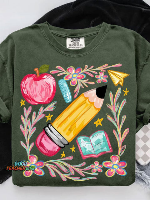 Floral Teacher Pencil Casual Print T-shirt