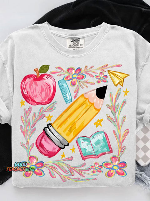 Floral Teacher Pencil Casual Print T-shirt
