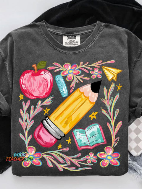 Floral Teacher Pencil Casual Print T-shirt