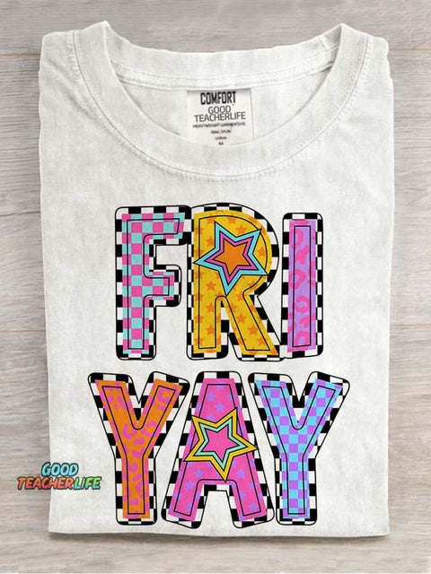 Teacher Teach Happy Friday Casual Print T-shirt