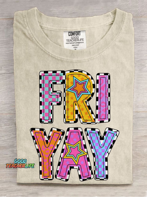 Teacher Teach Happy Friday Casual Print T-shirt