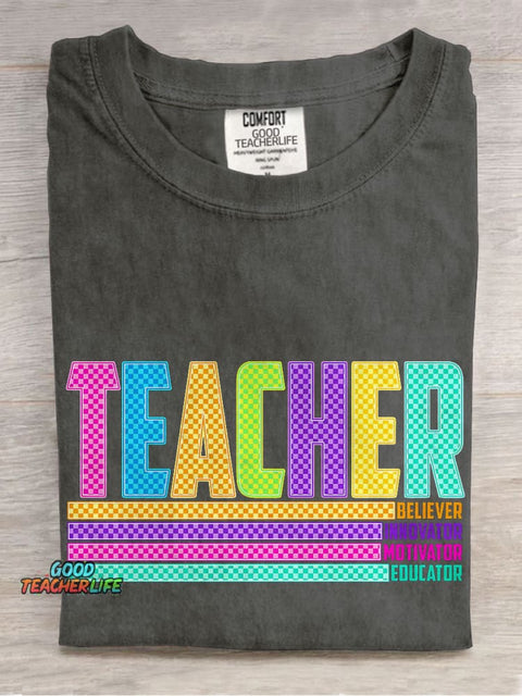 Colorful Checkerboard Teacher Casual Print T-shirt