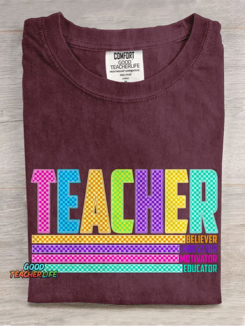 Colorful Checkerboard Teacher Casual Print T-shirt