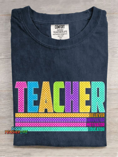 Colorful Checkerboard Teacher Casual Print T-shirt