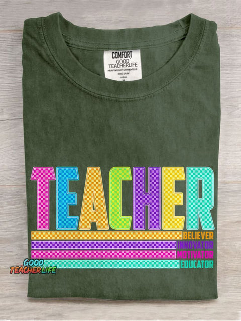 Colorful Checkerboard Teacher Casual Print T-shirt
