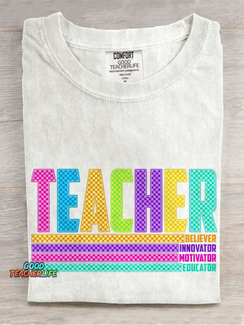 Colorful Checkerboard Teacher Casual Print T-shirt