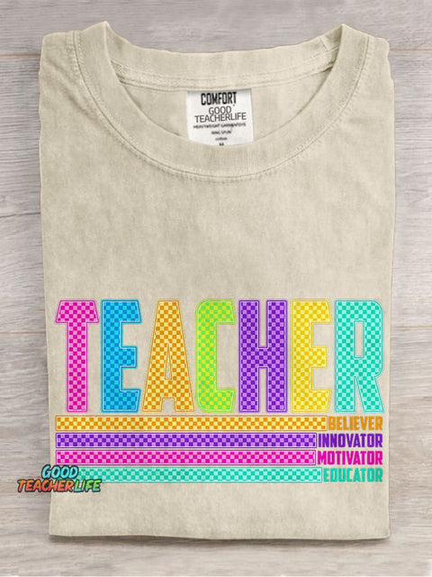 Colorful Checkerboard Teacher Casual Print T-shirt