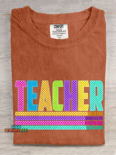 Colorful Checkerboard Teacher Casual Print T-shirt